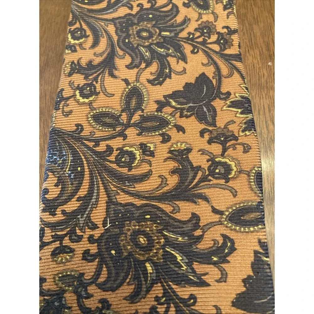 Ike Behar New York Mens Silk Tie Orange Navy Blue Gold Floral Paisley Ribbed
